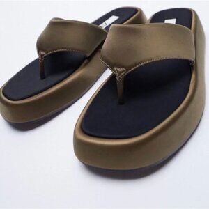 Zara Satin Effect Low Heel Platform Sandals Green Khaki Size EU 36